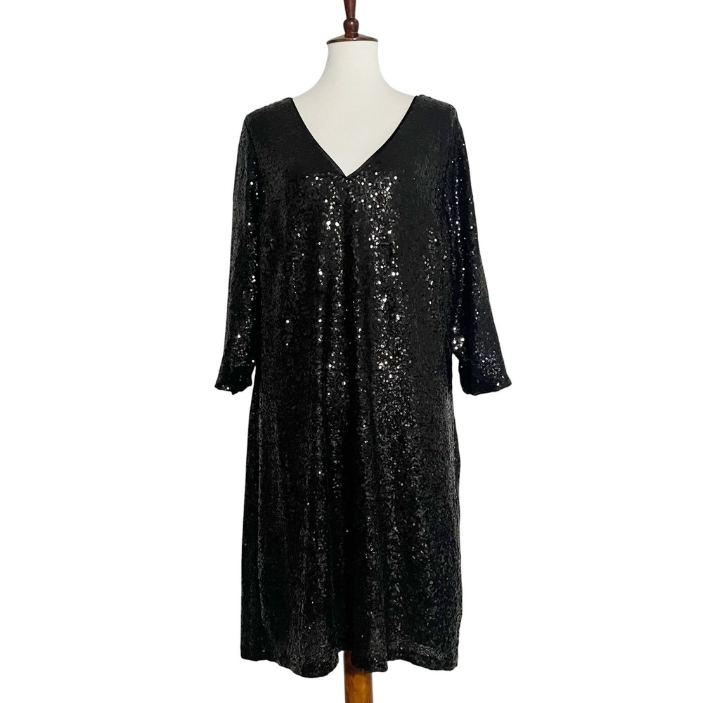 Torrid Womens Black Sequin V-Neck Shift Dress 3/4 Sleeve Plus‎ Size 2/2X